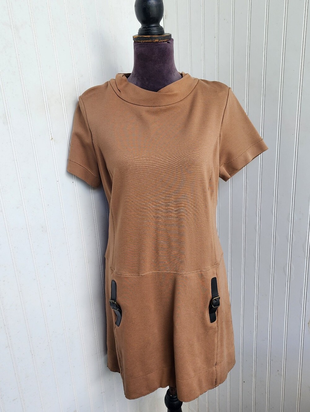 NWT $310 Lauren Vidal Camel Tan Dress Cowl Neck Shift Short Sleeve Zip Back L